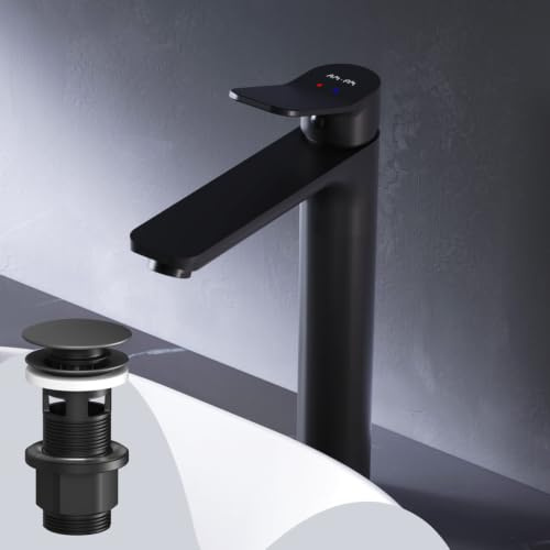 AM.PM Einhebel-Waschtischarmatur Hoch, kratzfester Wasserhahn, Waschbeckenarmatur, leicht zu reinigen, Auslaufhöhe 231mm, für Aufsatzwaschtisch geeignet, Schwarz matt (X-Joy FXA92222)
