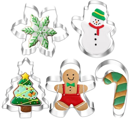 5Pcs Christmas Cookie Cutters,Winter Holiday Cookies Cutter Mold Shapes Gingerbread Men, Snowman,Christmas Tree, Snowflake, Candy Cane with Decorating Instructions - Stainless Steel