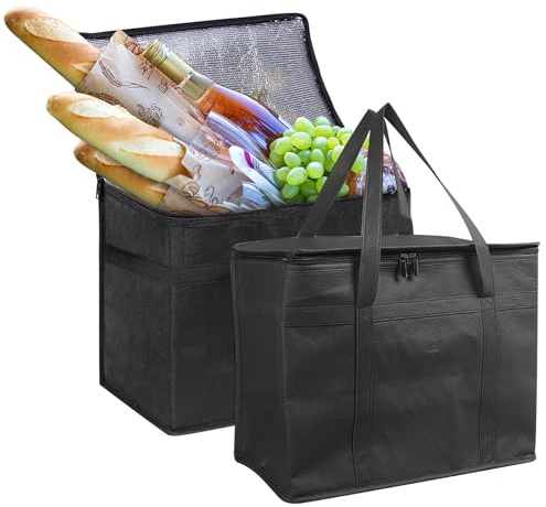 2PCS 31 Liter Einkaufstasche Wiederverwendbare Faltbar Kühltasche,Groß Picknickkorb Robuste Isoliertasche,Aufrecht Stehend Thermotasche,Faltbare Kühlboxen mit Deckel,Isolierter Lieferbeutel (Schwarz)
