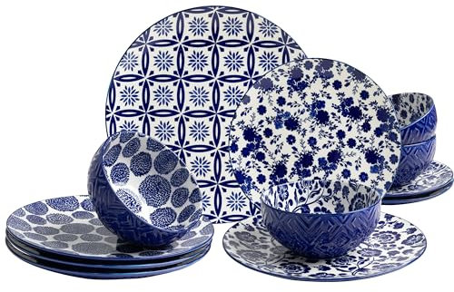 LEHAHA 12 Pieces Modern Porcelain Dinnerware Set，Service for 4, Ceramic Plates and Bowls Sets, Kitchen Dinner, Salad, Dessert Plate and Cereal Bowl Set, Ceramics Dishes Set, Blue and White