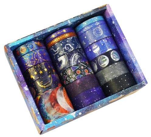 wenrescry 19 Rollen Washi tape Set – Sternenhimmel Masking Tape für DIY, Scrapbooking, Journaling & Dekoration, Buntes Klebeband mit Glitzer und Vintage Motiven