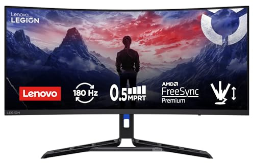 Lenovo Legion R34w-30 Gaming Monitor Curvo 34 WQHD (3440x1440) VA, 0.5ms MPRT, 180Hz, Altoparlanti 2x3W, 2x HDMI 2.1 e DisplayPort 1.2, AMD FreeSync Premium, Cavo DP incluso - Raven Black