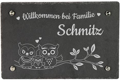 LAUBLUST Türschild Schiefer Personalisiert - Eulen Motiv - Haustürschild mit Name - 3 Größen, 4 Edelstahl Wandhalter