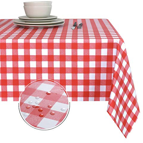Obstal 100% Waterproof PVC Table Cloth, Oil-Proof Spill-Proof Vinyl Rectangle Tablecloth, Wipeable Table Cover for Outdoor and Indoor Use, 54x78 Inch, Red and White Checkered Pattern