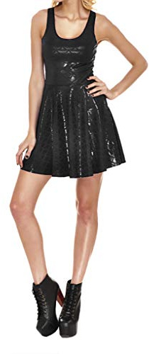 LinvMe Women Shiny Mermaid Fish Scale Sleeveless Pleated Flared Dress Black S