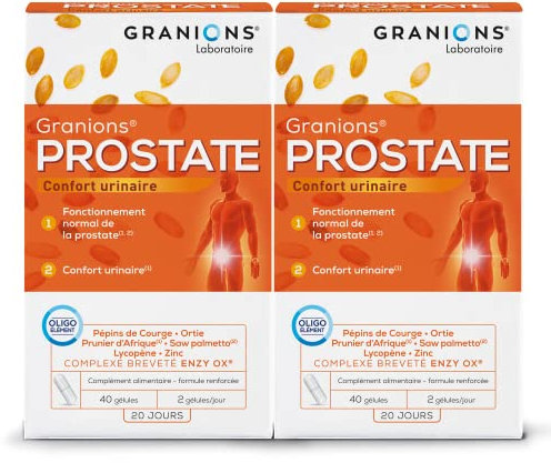 GRANIONS Prostate, Contribue au bon fonctionnement de la prostate, Pépins de Courge, Ortie, Prunier d’Afrique, Formule brevetée et renforcée, 2x60 Gélules