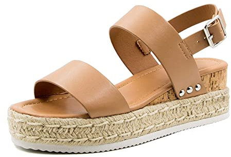 Athlefit Women's Espadrilles Platform Wedge Sandals Casual Open Toe Ankle Strap Buckle Summer Sandals, Khaki, Size 9.5, AD00502