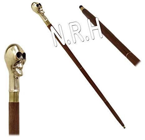 Gehstock aus massivem Messing, mit Totenkopf-Griff, 3-fach gefalteter Gehstock, Braun