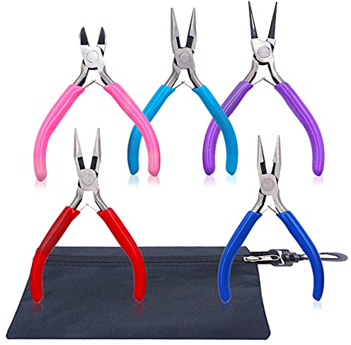 POPMISOLER 5 Pack Jewelry Making Pliers Set, Jewelry Pliers Tools Kit Included Nose Pliers, Wire Pliers, Round Nose Pliers, Curved Nose Pliers and Flat Pliers for DIY Jewelry Making Supplies