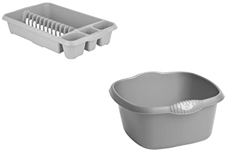 Set of 2- Upcycled High Grade Plastic Kitchen Medium Dish Drainer with 32 cm Square Washing Up Bowl (Soft Grey)