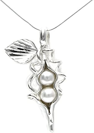 Pea Pod Necklace - 2 Peas White Freshwater Pearls and Sterling Silver - Gift Boxed with Story Card - Each Unique Handmade in USA (20 Inch Chain Length)