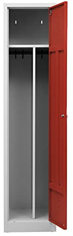 Schrank & Stuhl Spind – Metallspind mit einem Abteil in 180 x 41,5 x 50 cm, inkl. Hutboden, Trennwand und Drehriegelverschluss, Lieferung komplett montiert, Grau/Rot