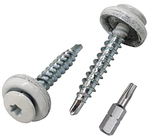 SKIR'CO (250 st) Takskruvar, 4,8 x 35 mm målade självborrande skruvar med EPDM-brickor, torxhuvud (ren vit RAL 9010)