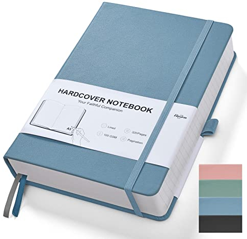 Notizbuch A5 liniert, Hardcover Journal Notebook Tagebuch mit 320 Lined Nummerierte Seiten, 100 g/m² Tintenfestes Dickes Papier, Kostenlose Mehrfarbige Registerkarten, Innentaschen, 160 Blatt, Blau