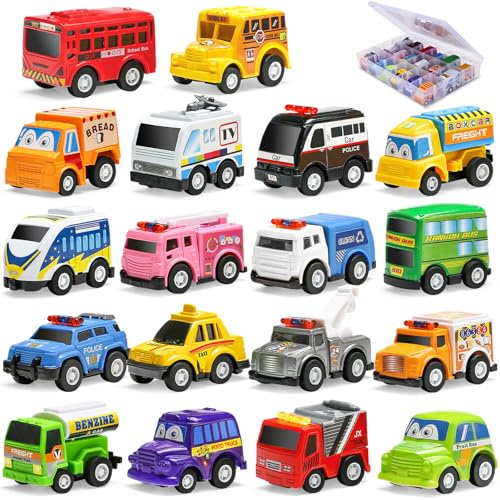 18 Pack Assorted Pull Back Car Toys for Kid with Storage Organizer Box, Mini Model Vehicle Set with Display Case for Child Toddler, Small Play Truck Bulk for Boy and Girl Party Favors, Birthday Gift