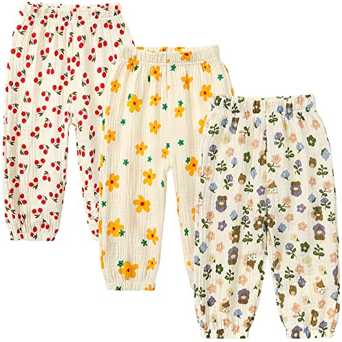 GFQLONG Toddler Baby Girls 3 Pack Elastic Waist Pants Soft Cotton Linen Harem Bloomers Summer Fall Long Pants,Flowers,3-4T