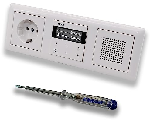 Gira Unterputz IP Internetradio 232003 + Bluetooth KomplettSet + Lautsprecher + Steckdose - System 55 - reinweiß glänzend im 3fach Rahmen Gira 021303 inkl. EBROM Phasenprüfer zur Montage der Geräte