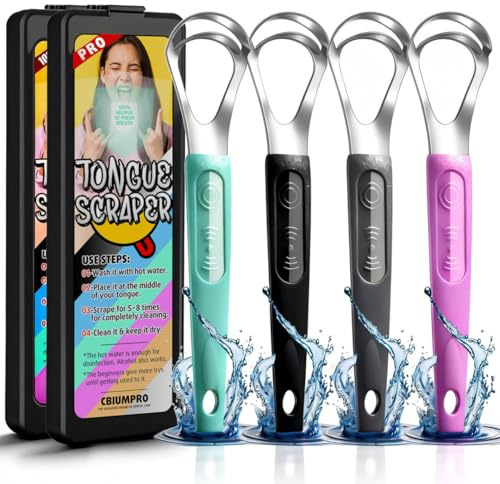 Cbiumpro 4-Pack Tongue Scraper for Kids & Adults, Stainless Steel Tongue Cleaner with Travel Case, Reduce Bad Breath