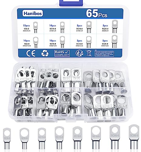 65 Stück Rohrkabelschuh Set, Hanibos Kabelschuhe 6mm²10mm²16mm²25mm² Ringkabelschuhe M6 M8 Verzinnte Kupferkabelschuhe Quetschverbinder Set für Batteriekabel Kfz Verteilerkästen