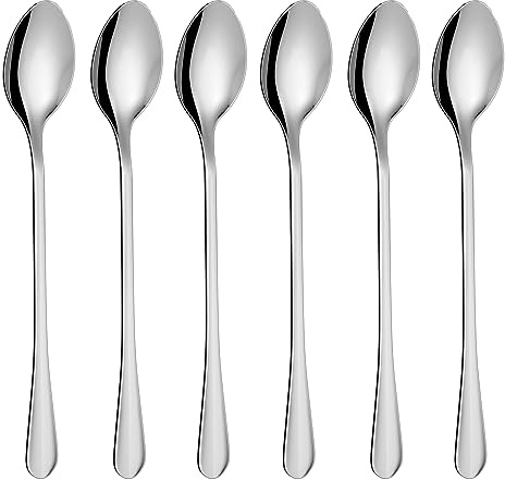 6PCS Latte Spoons Long Handle 19.5cm Silver Teaspoons for Iced Coffee/Tea, Stainless Steel Coffee Spoons for Hot/Cool Drinking, Cake & Dessert & Ice Cream Spoons