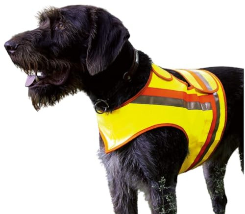 Hunde Signal Reflektor Warnweste für Drückjagd, Treibjagd, Straßenverkehr, sowie Spaziergänge bei Dunkelheit in Gelb Orange mit Reflektions-Streifen (XL)