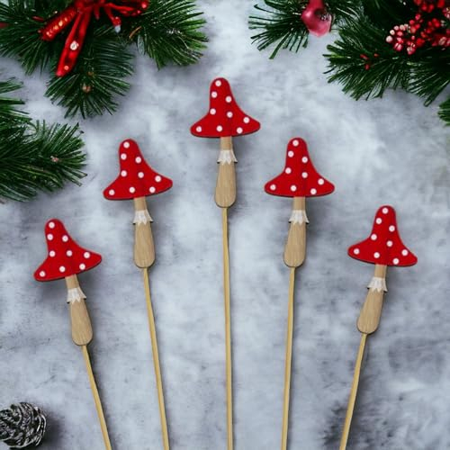 MIJOMA - Set Schmuckvolle Holzstecker Fliegenpilz, Prächtige Tischdekoration für Weihnachten und Herbst, Perfekt für Gestecke, Geschenke, DIY-Projekte, Blumenstecker (Pilz klein - 24 Stück)