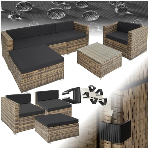 tectake Polyrattan Lounge Set Milano, Balkon Möbel/Rattan Gartenmöbel Set mit Sofa, Sessel und Tisch, Luxus Outdoor Gartenmöbel inkl. Sitz- und Rückenkissen - Natur