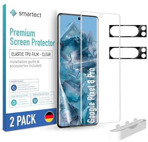 smartect TPU Schutzfolie 2 + 2 Stück für Google Pixel 8 Pro | Displayschutz + Kameraschutz, HD Panzerfolie Anti-Kratzer, Ultra-klar, Blasenfrei, Fingerabdruck kompatibel, Hüllenfreundlich
