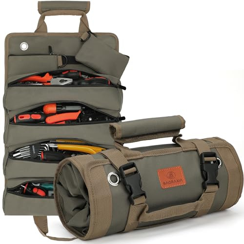 BAQRAXIA Tool Bag Gifts for Husband Him, Roll Up Small Tools Box Storage, Tool Gifts for Men Dad Boyfriend Grandpa, Presents for Birthday, Heavy Duty Tool Organizer with 2 Pouch