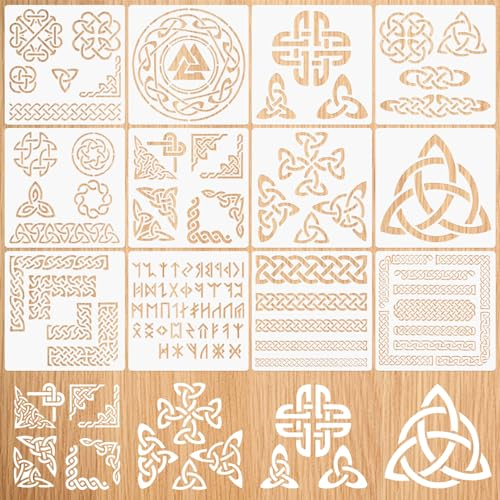 Neikafan 12 Stück Keltische Knoten Schablonen Airbrush Keltische Ornamente 20x20cm Zeichenschablone Keltischer Symbole für Scrapbooking Kunsthandwerk Zeichnung DIY Möbel Heimdekoration