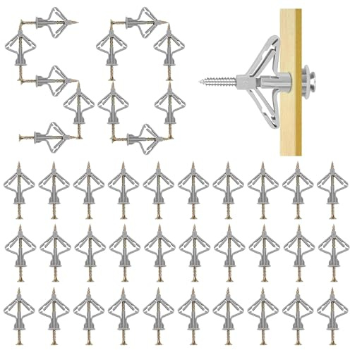 JOYOLA Lot de 50 Chevilles pour Plaque de Plâtre, Chevilles à Expansion en Plastique en Forme de Papillon Cheville Expansion Cheville Placo avec Vis pour la Plupart des Murs Légers Plaques de Plâtre
