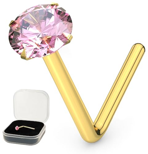 AZARIO LONDON Piercing de nariz en forma de L de oro amarillo macizo de 9 quilates, calibre 24 (0,5 mm) con piedra preciosa de cristal, piercing de nariz pequeño, calibre 24, joyería de piercing de