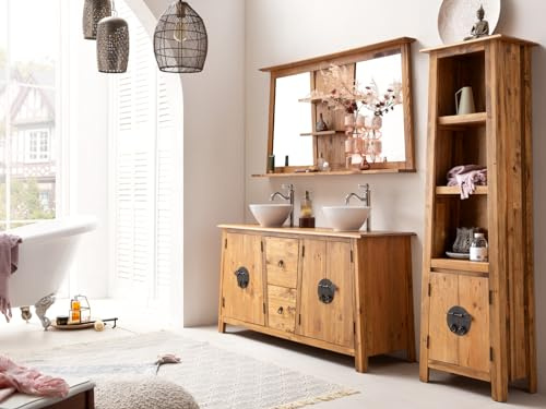 Woodkings Badmöbel-Set Rangun Massivholz 2-teilig, Waschtisch und Spiegel 140cm, A-Linien Design, Spiegel mit Ablagen, rustikales Badezimmer Möbel Set