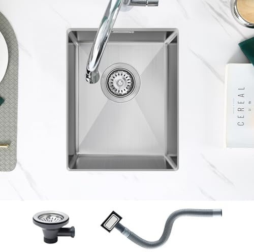 KEOKBON Small Kitchen Sink 35 x 40 cm, Undermount or Topmount Fitting into Kitchen Sink with Overflow (Without Drain Pipe Set), 1 Bowl, 304 Stainless Steel Brushed