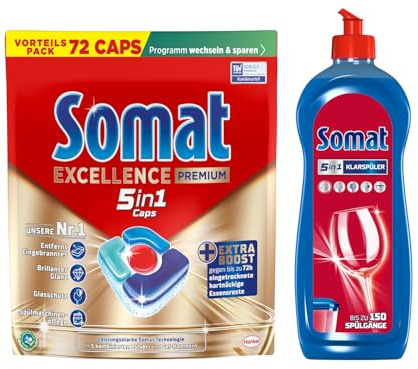 SOMAT 5in1 Caps 67 AW Excellence Premium, schnellauflösende Spülmaschinentabs mit Extra Boost, entfernen eingetrocknete, hartnäckige Essensreste + Somat Duo Power Experten Klarspüler 750ml