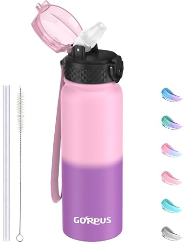 GOPPUS Bouteille d'eau isotherme 600 ml avec paille double paroi anti-fuite pour homme et femme