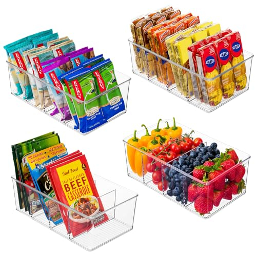 TopTidyHome Fridge and Cupboard Organisers, Pack of 4 with Dividers. Fridge Storage Organisers, Pack of 4 Clear Plastic Containers with Removable Dividers. Drawer and Food Organizer.