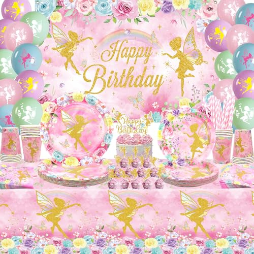 Feengeburtstagsfeier Dekoration, Teller, Tassen, Servietten, Tischdecke, Happy Birthday Hintergrundtuch Tortendeko für Feengeburtstagsfeier, Blumen, Mädchen,