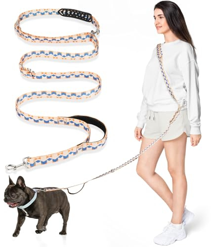 Tivray Correa Manos Libres para Perros 2,6 m, Correa Ajustable para Perros Medianos, Correa para Correr Caminar Jogging, Uso Cintura Cruzado o Mano, 3 Anillas, Asa Acolchada, Naranja