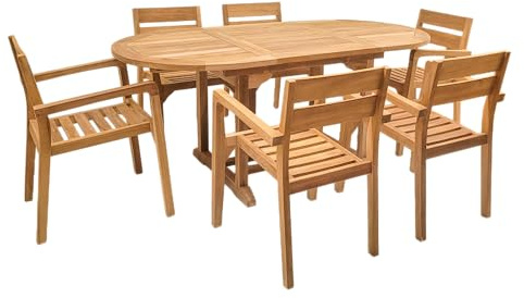 Endorphin Gartenmöbel Set aus Teakholz mit 6 Stühlen & Ausziehtisch | Unbehandeltes Teak, wetterfest, stapelbar, 180 cm Tisch, 7-teilig, Garten, Terrasse, Outdoor Essgruppe