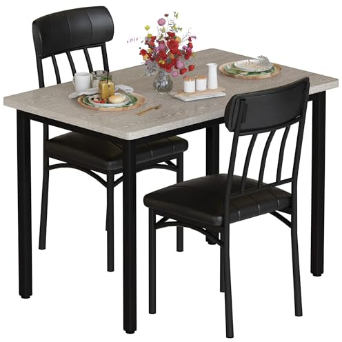 AWQM 3 Piece Dining Table Set for 2, Small Industrial Kitchen Table and 2 Chairs, Kitchen Breakfast Dining Table Set, Breakfast Table Set for Dining Room, Living Room, Apartment, Small Space, Grey