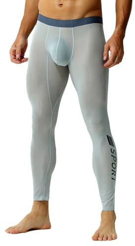 Faringoto Durchsichtige Herren-Fitness-Leggings, Übergröße, sexy, ultradünn, elastisch, Pyjama, Sporthose, Hellgrau, X-Groß