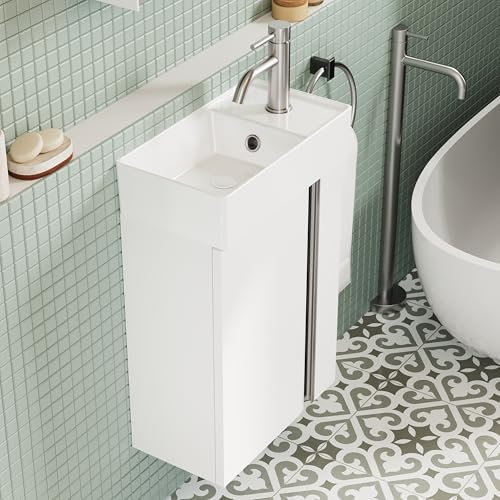 BRIDGE BENO Mobiletto Da Bagno Con Lavabo Da 40 cm – Mobiletto Piccolo Con Contenitore Per Wc Ospiti, Salvaspazio, Bianco Opaco