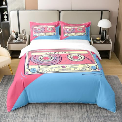 Erosebridal 100% Cotton 80S Party Tape Twin Bedding Set,Cartoon Audio Cassette Duvet Cover for Girls Boys Child,Vintage Pink and Blue Music Themed Bedspread Cover,Musical Melody Comforter Cover