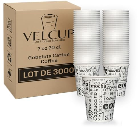 VELCUP Lot 3000 gobelets jetables, 200ml en carton, de qualité supérieure, résistants à la chaleur, à emporter, design élégant, Idéal pour Café, Thé, Boissons Chaudes et Froides