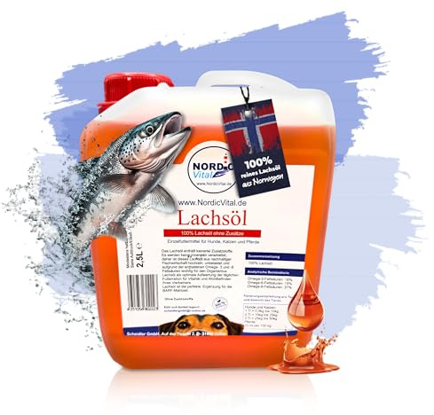NordicVital Premium Lachsöl Hunde & Katzen 2,5 Liter Kanister – 100% Natürliches Fischöl/Fish Oil aus Norwegen Lachs – Omega 3&6 Fettsäuren hochdosiert – Barf Öl abgefüllt in Deutschland