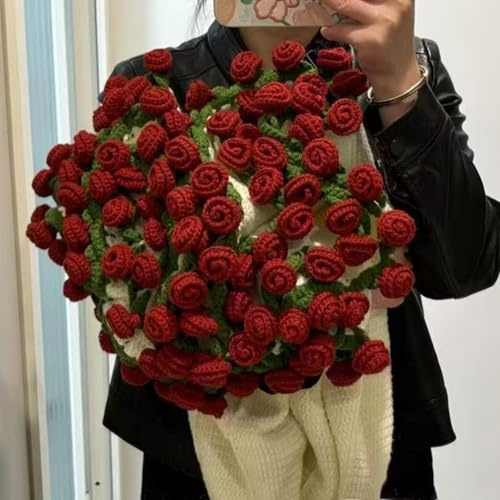 HOPASRISEE Handgestrickte Häkelblumen Blumenstrauß Decke, weich und leicht Blumenstrauß Decken Rose Decke Material Kit Geschenk für Muttertag Valentinstag Geburtstag (E)