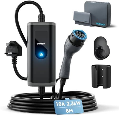 bokman EV Charger Type 2 to 3 Pin Plug, 8M | 2.3kW | 13A | IP65 Waterproof, Electric Car Charger Type 2 Charging Cable 3 Pin with LED Indicators & Carry Bag & Microfiber Towel