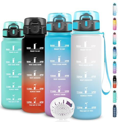 Grsta Gourde 1l Sport, Anti-Fuite, Gourde Plastique, Bouteille Motivation avec Slogan de Motivation, Bouteille Graduée pour 1 Journee, Facile à Nettoyer, pour Running, École, Camping