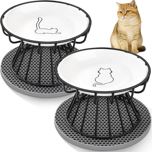 Otauoaea Set di 2 Ciotole per Gatti Rialzate in Ceramica con Supporto Metallo, Ciotola Gatto Rialzata con Tappetini Antiscivolo per Gattini, Cani Piccola Taglia (B-Nero)